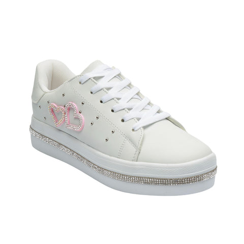 Tenis Casual para Dama en Color Blanco con Detalles de Corazones y Brillantes – Estilo y Glamour en Cada Paso 1325
