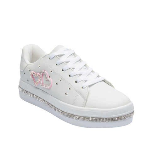 Tenis Casual para Dama en Color Blanco con Detalles de Corazones y Brillantes – Estilo y Glamour en Cada Paso 1325