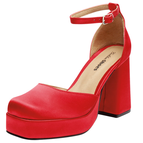 Zapatilla De Satín rojo Con Tacón Y Plataforma Para Mujer 1405 O-i