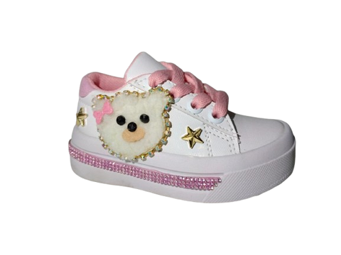 Tenis para Niña Modelo 0988 con Diseño de Osito y Detalles Dorados
