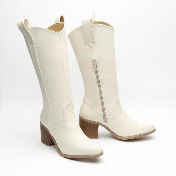 Bota Alta Vaquera Con Tacón Ancho Blanco Para Mujer 7081 O-i