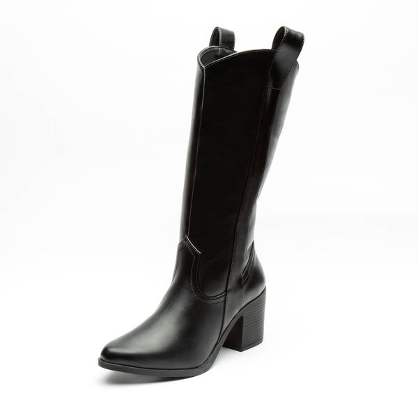 Bota Alta Vaquera Con Tacón Ancho Negro Para Mujer 7081 O-i