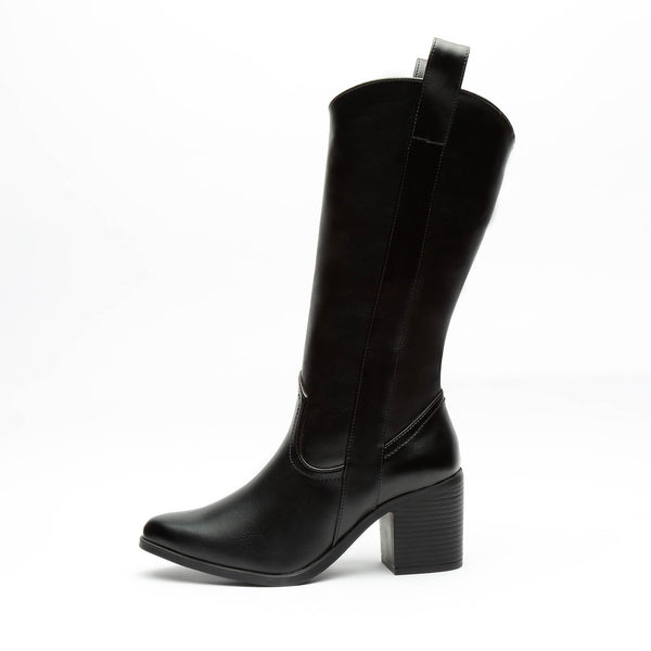 Bota Alta Vaquera Con Tacón Ancho Negro Para Mujer 7081 O-i