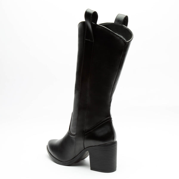 Bota Alta Vaquera Con Tacón Ancho Negro Para Mujer 7081 O-i